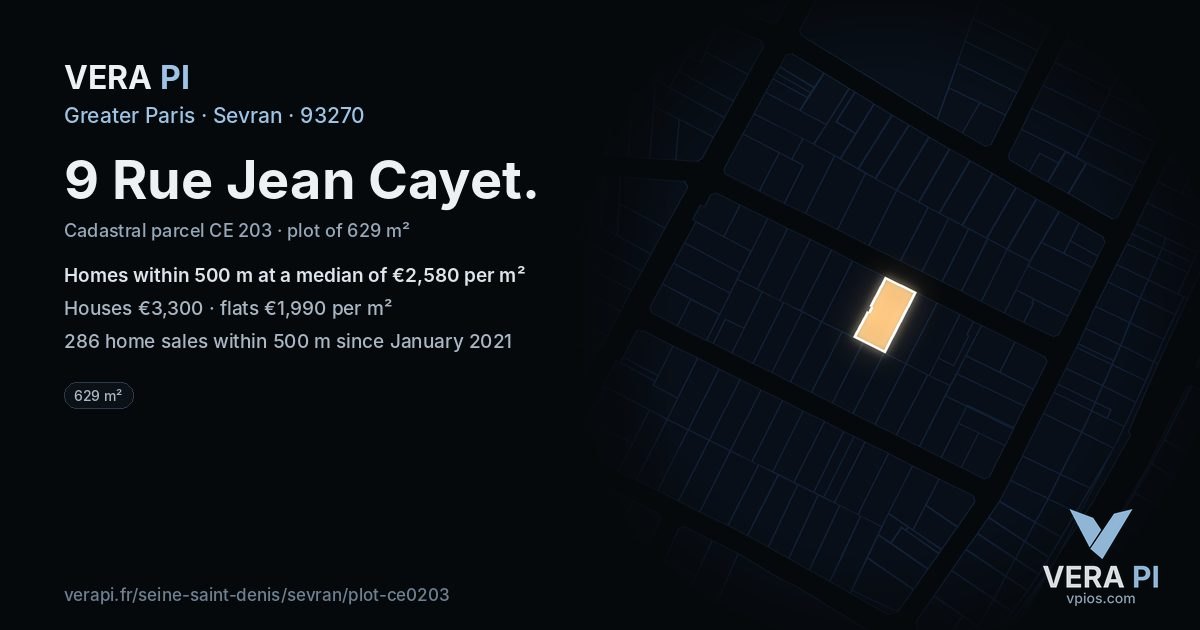 9 Rue Jean Cayet, Sevran at night – the plot lit, the parcels around coloured by the prices near them