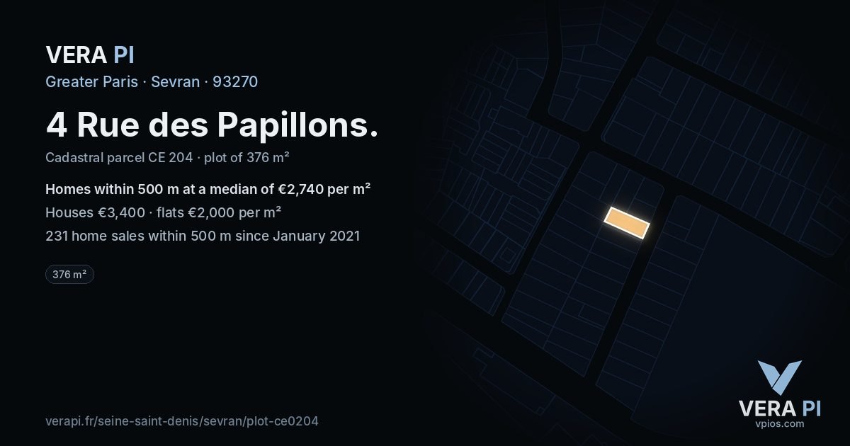 4 Rue des Papillons, Sevran at night – the plot lit, the parcels around coloured by the prices near them