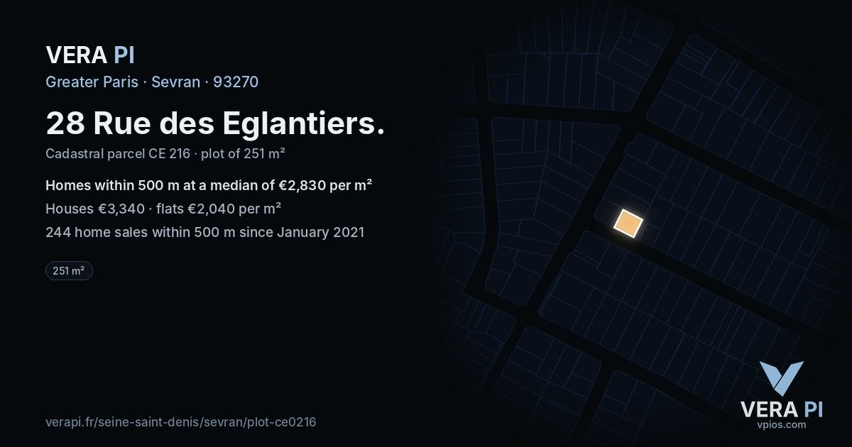 28 Rue des Eglantiers, Sevran at night – the plot lit, the parcels around coloured by the prices near them