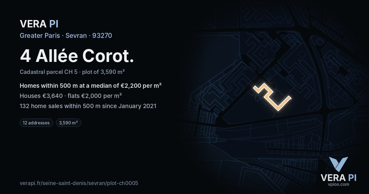 4 Allée Corot, Sevran at night – the plot lit, the parcels around coloured by the prices near them
