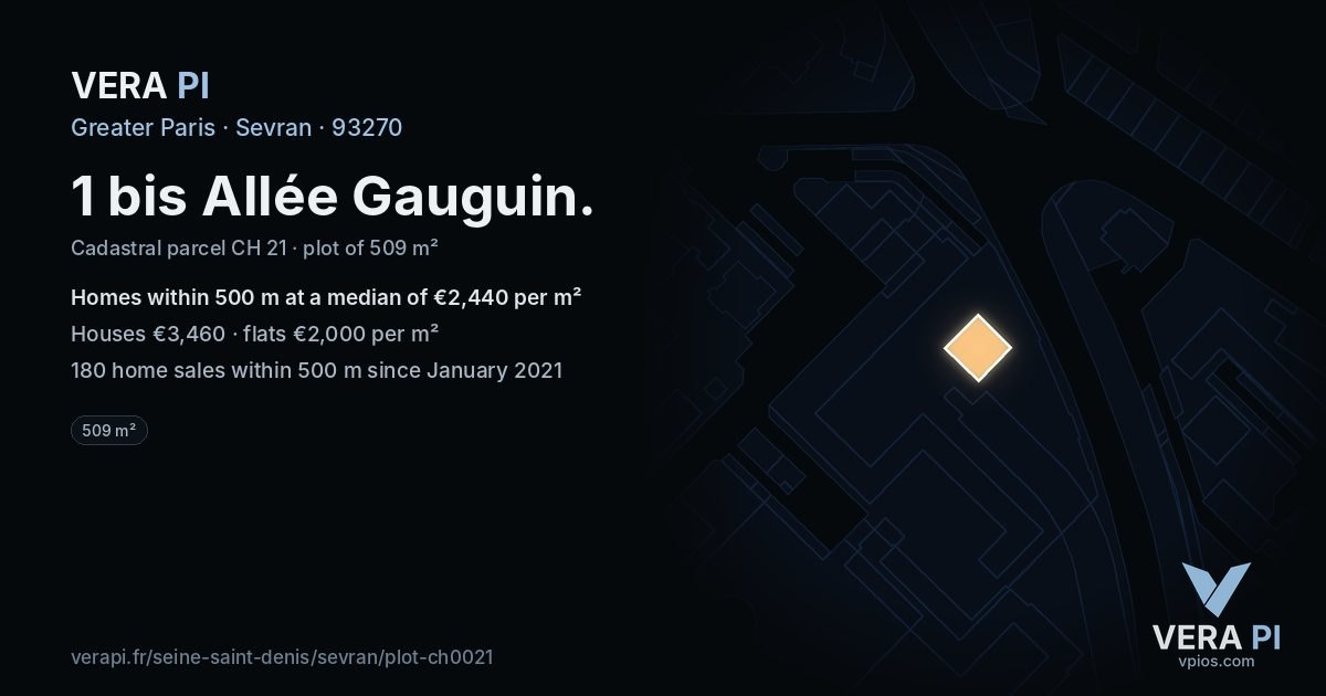 1 bis Allée Gauguin, Sevran at night – the plot lit, the parcels around coloured by the prices near them
