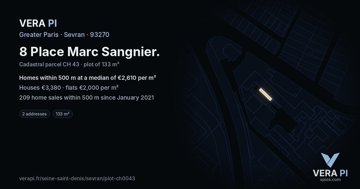 8 Place Marc Sangnier, Sevran at night – the plot lit, the parcels around coloured by the prices near them