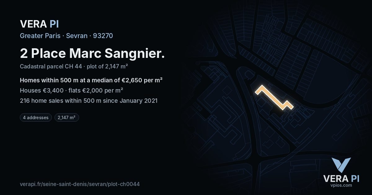 2 Place Marc Sangnier, Sevran at night – the plot lit, the parcels around coloured by the prices near them
