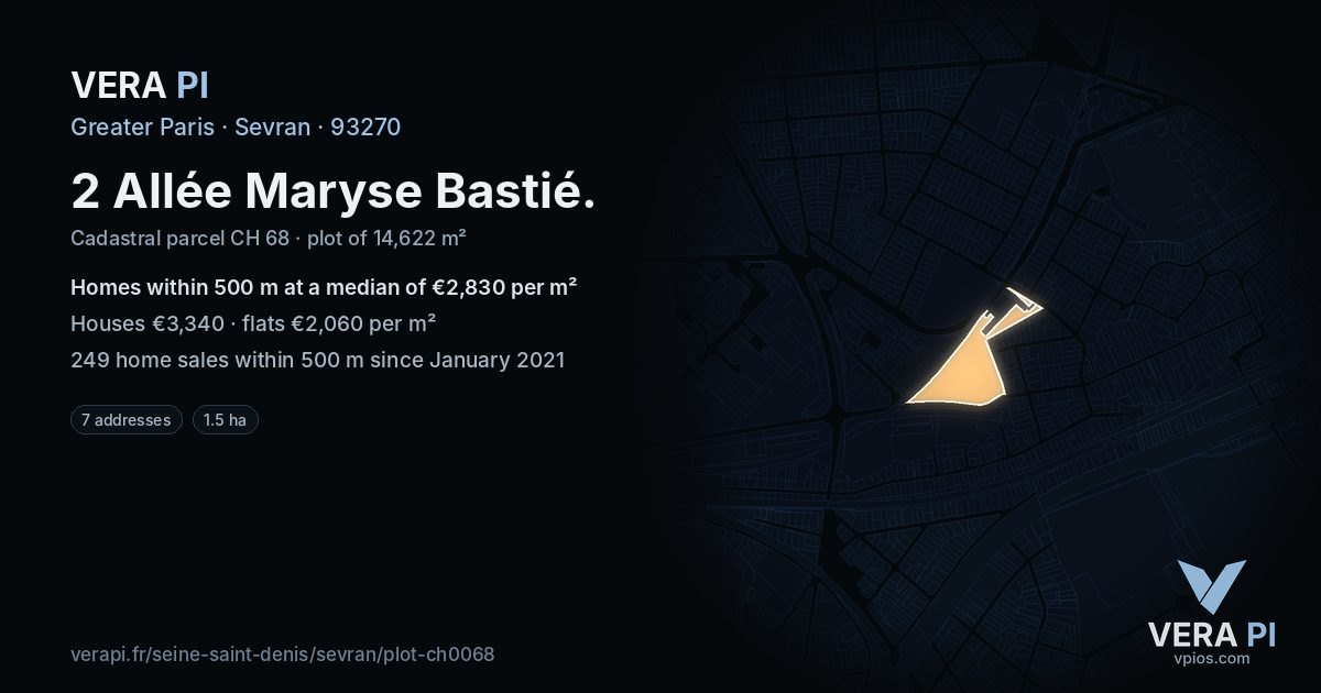 2 Allée Maryse Bastié, Sevran at night – the plot lit, the parcels around coloured by the prices near them