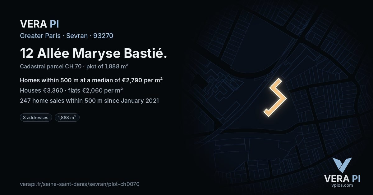 12 Allée Maryse Bastié, Sevran at night – the plot lit, the parcels around coloured by the prices near them