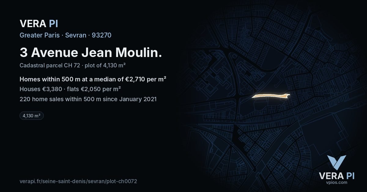 3 Avenue Jean Moulin, Sevran at night – the plot lit, the parcels around coloured by the prices near them