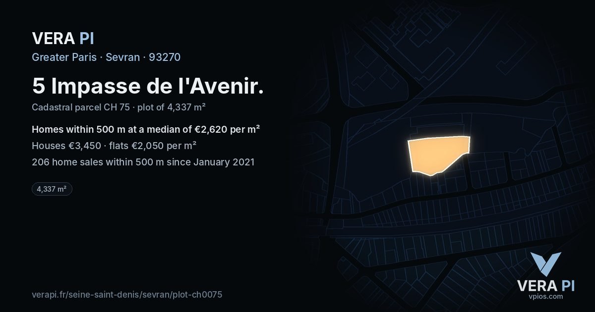 5 Impasse de l'Avenir, Sevran at night – the plot lit, the parcels around coloured by the prices near them