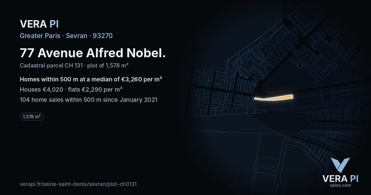 77 Avenue Alfred Nobel, Sevran at night – the plot lit, the parcels around coloured by the prices near them