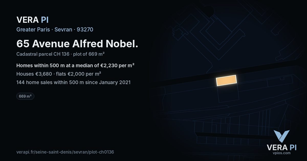 65 Avenue Alfred Nobel, Sevran at night – the plot lit, the parcels around coloured by the prices near them