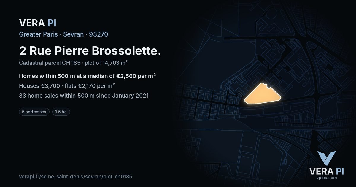 2 Rue Pierre Brossolette, Sevran at night – the plot lit, the parcels around coloured by the prices near them