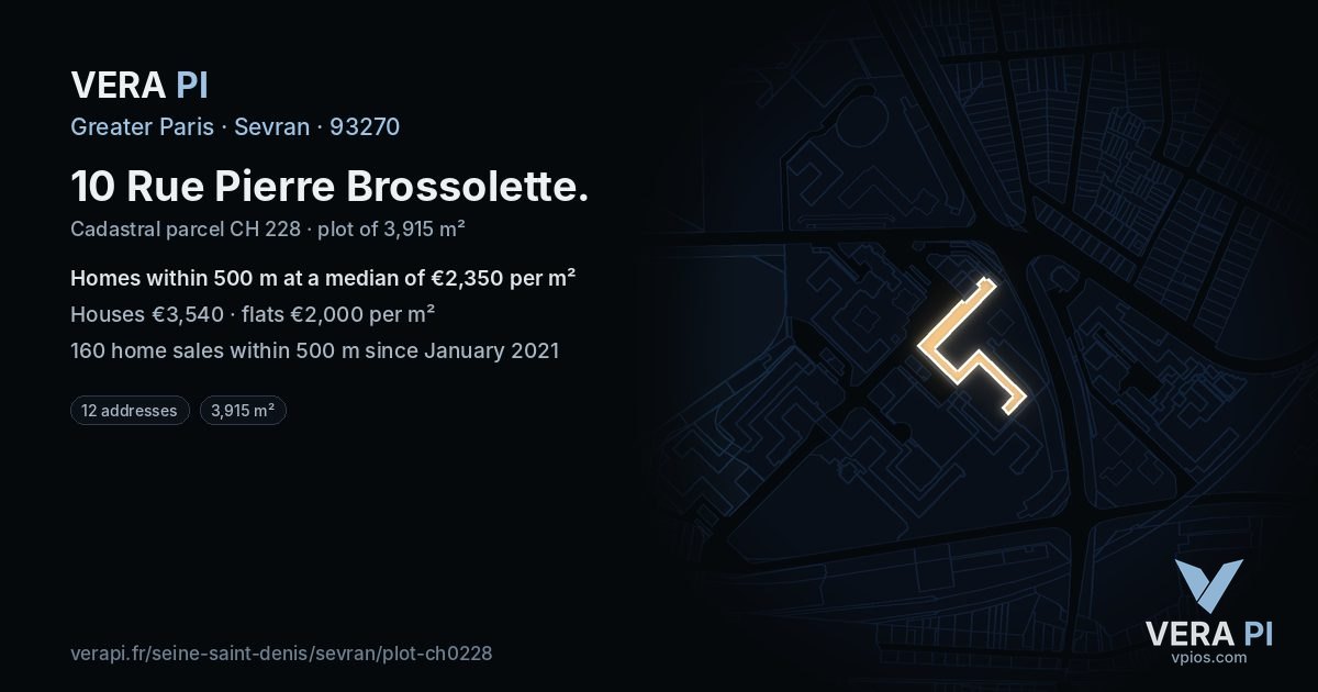 10 Rue Pierre Brossolette, Sevran at night – the plot lit, the parcels around coloured by the prices near them