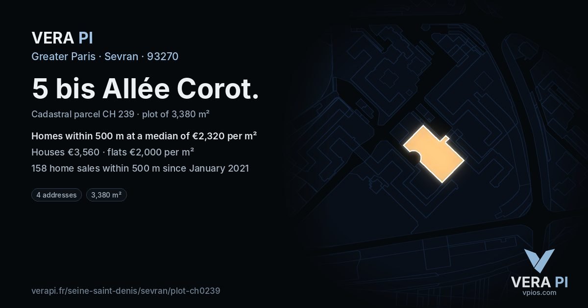 5 bis Allée Corot, Sevran at night – the plot lit, the parcels around coloured by the prices near them