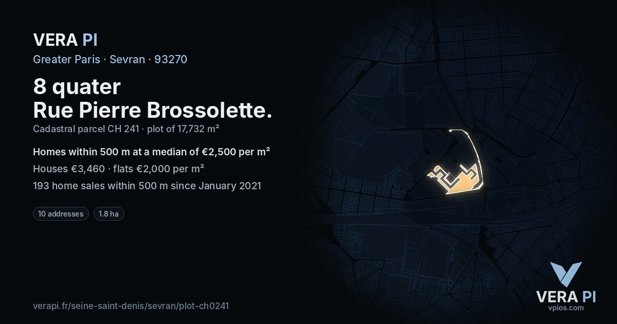 8 quater Rue Pierre Brossolette, Sevran at night – the plot lit, the parcels around coloured by the prices near them