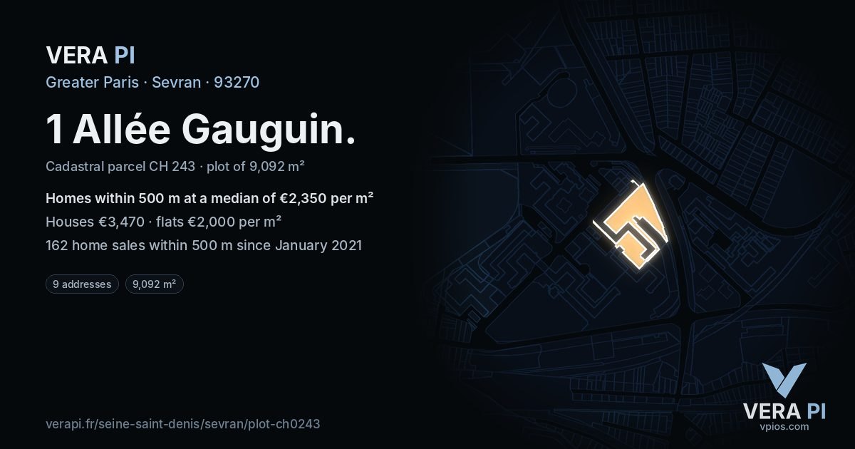 1 Allée Gauguin, Sevran at night – the plot lit, the parcels around coloured by the prices near them