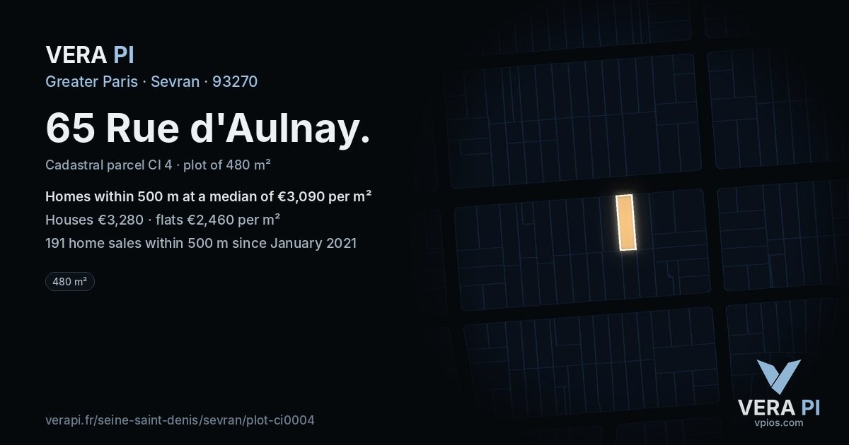 65 Rue d'Aulnay, Sevran at night – the plot lit, the parcels around coloured by the prices near them