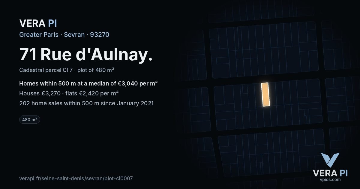 71 Rue d'Aulnay, Sevran at night – the plot lit, the parcels around coloured by the prices near them