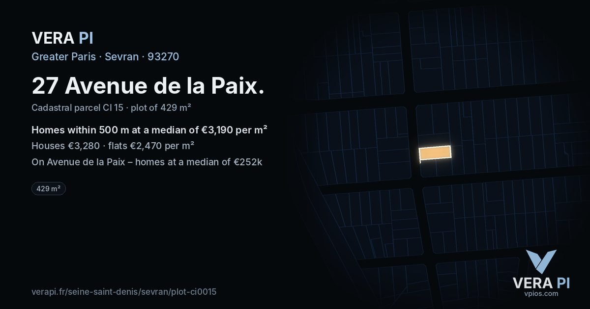 27 Avenue de la Paix, Sevran at night – the plot lit, the parcels around coloured by the prices near them