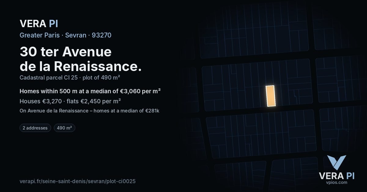30 ter Avenue de la Renaissance, Sevran at night – the plot lit, the parcels around coloured by the prices near them
