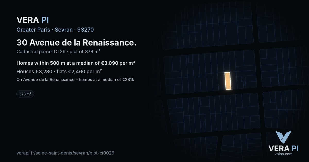 30 Avenue de la Renaissance, Sevran at night – the plot lit, the parcels around coloured by the prices near them