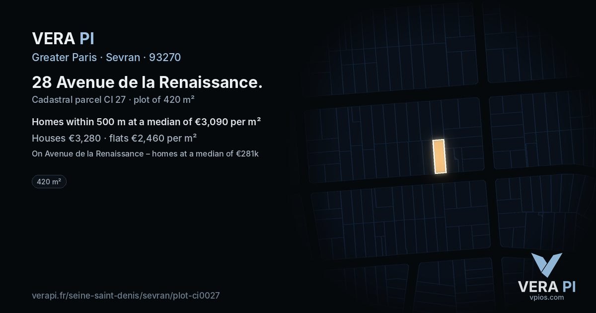 28 Avenue de la Renaissance, Sevran at night – the plot lit, the parcels around coloured by the prices near them