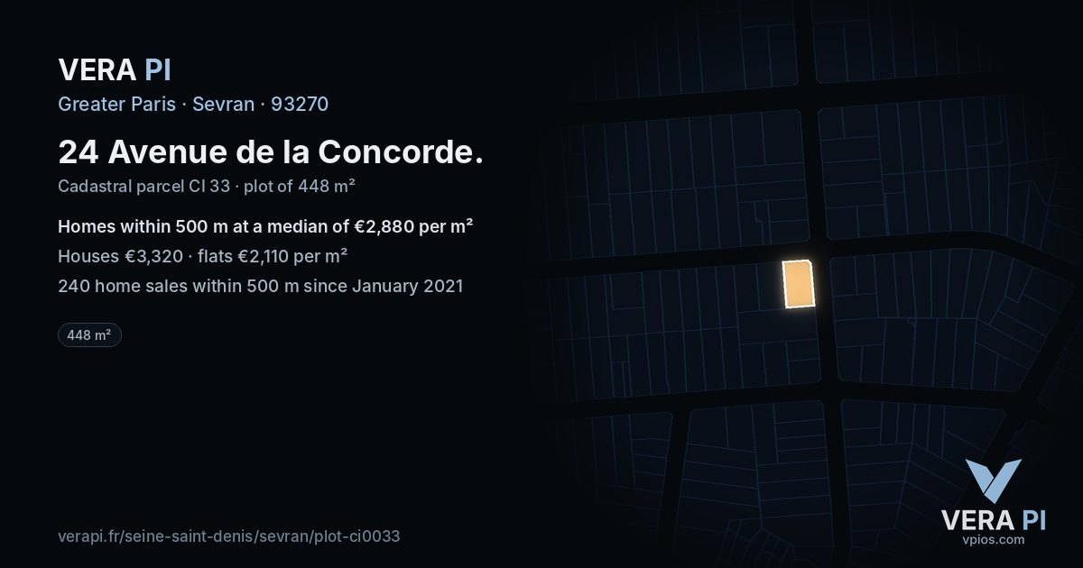 24 Avenue de la Concorde, Sevran at night – the plot lit, the parcels around coloured by the prices near them