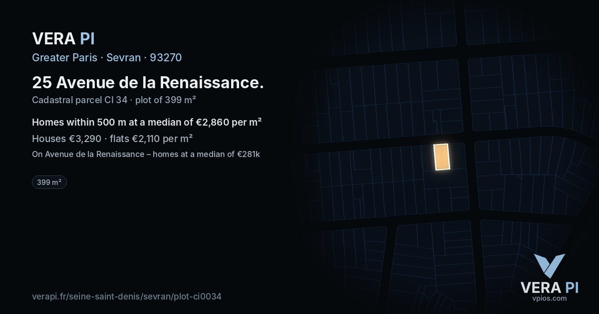 25 Avenue de la Renaissance, Sevran at night – the plot lit, the parcels around coloured by the prices near them