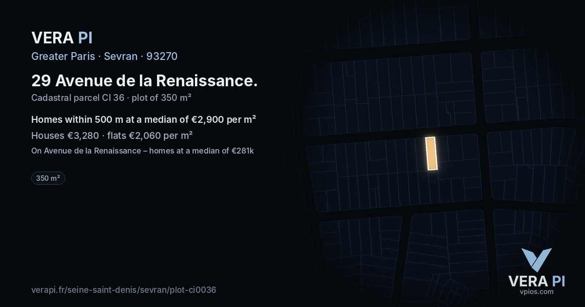 29 Avenue de la Renaissance, Sevran at night – the plot lit, the parcels around coloured by the prices near them