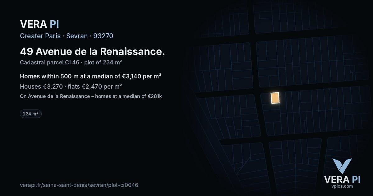49 Avenue de la Renaissance, Sevran at night – the plot lit, the parcels around coloured by the prices near them
