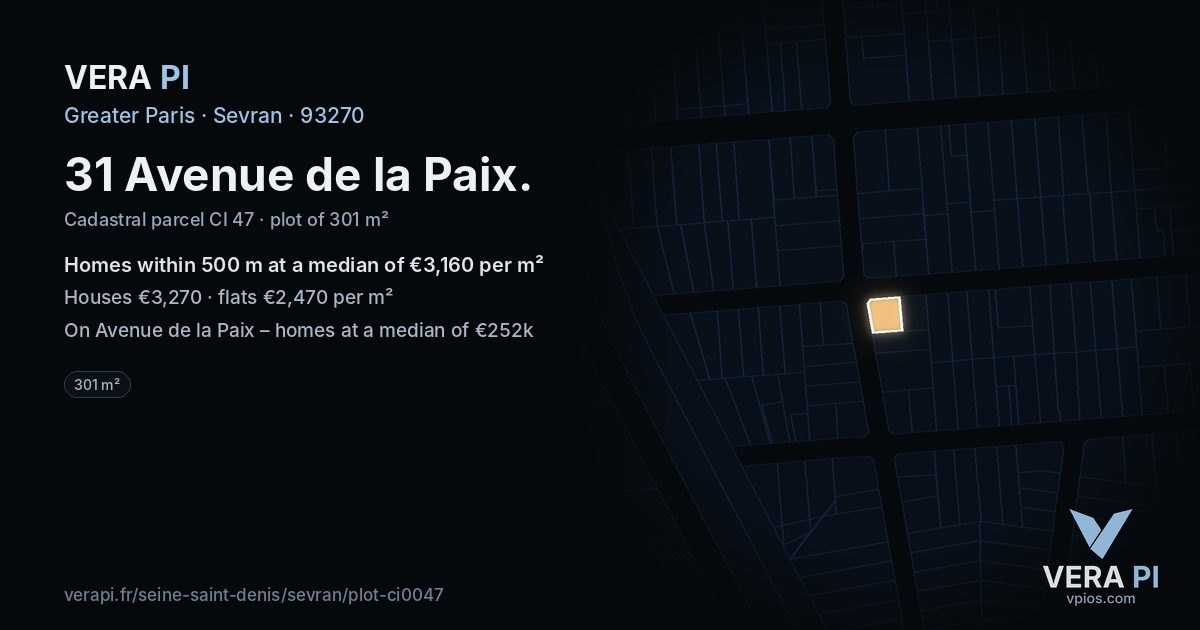 31 Avenue de la Paix, Sevran at night – the plot lit, the parcels around coloured by the prices near them