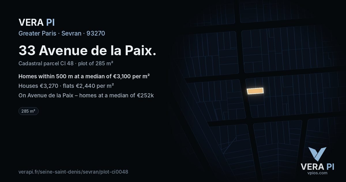 33 Avenue de la Paix, Sevran at night – the plot lit, the parcels around coloured by the prices near them