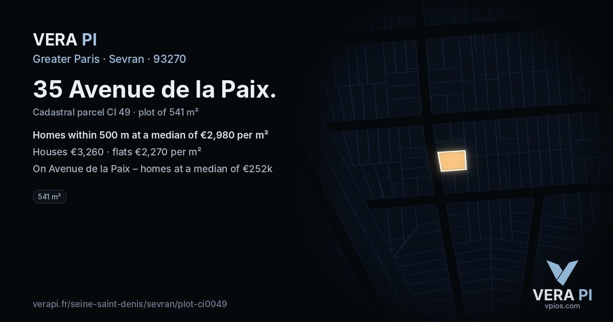 35 Avenue de la Paix, Sevran at night – the plot lit, the parcels around coloured by the prices near them