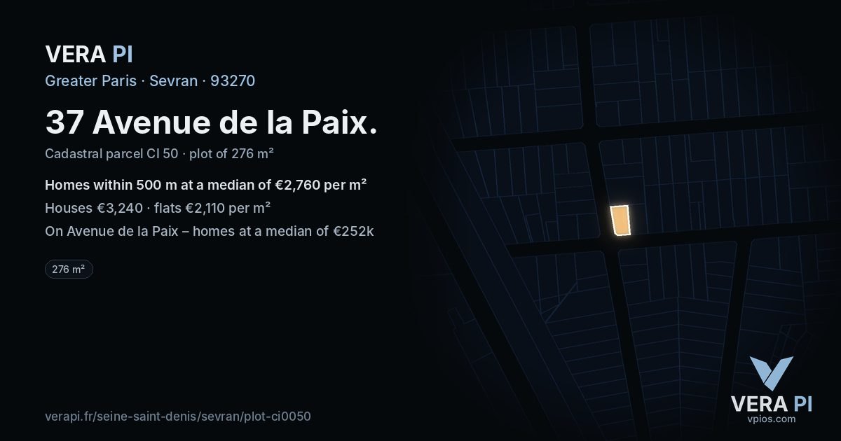 37 Avenue de la Paix, Sevran at night – the plot lit, the parcels around coloured by the prices near them