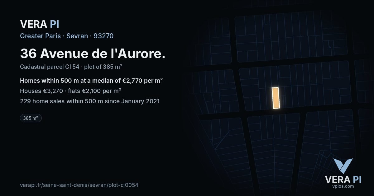 36 Avenue de l'Aurore, Sevran at night – the plot lit, the parcels around coloured by the prices near them