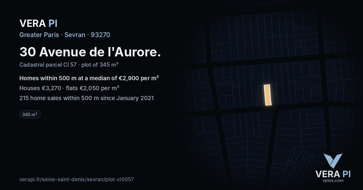30 Avenue de l'Aurore, Sevran at night – the plot lit, the parcels around coloured by the prices near them