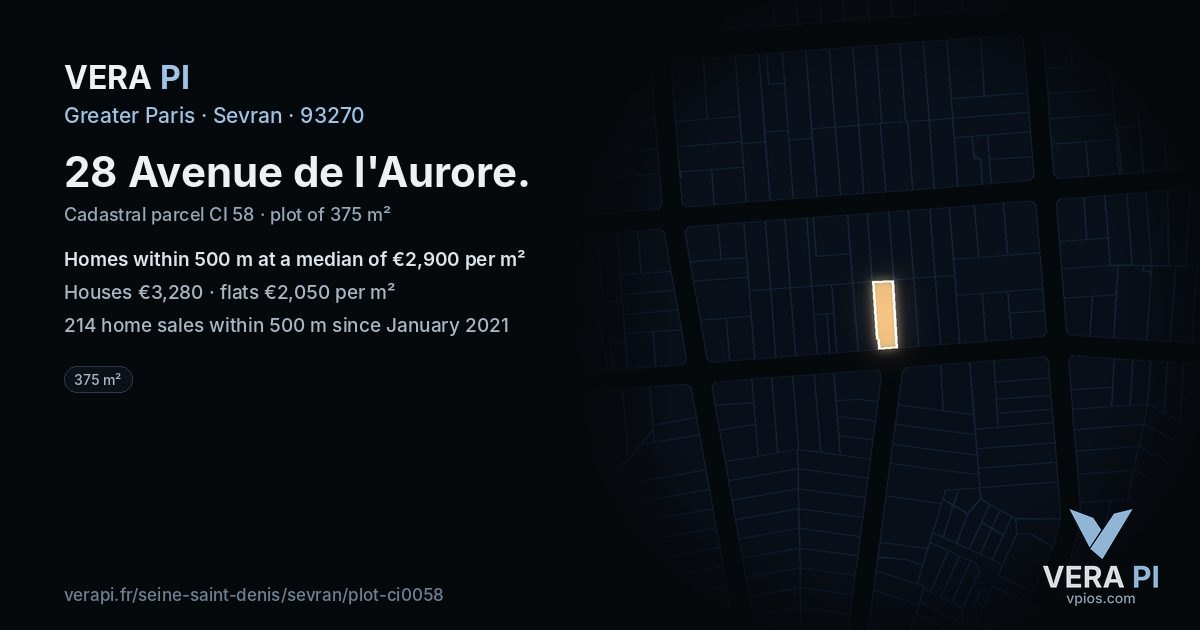 28 Avenue de l'Aurore, Sevran at night – the plot lit, the parcels around coloured by the prices near them