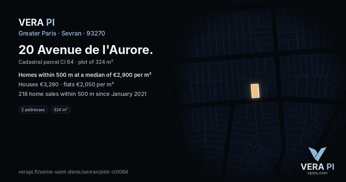 20 Avenue de l'Aurore, Sevran at night – the plot lit, the parcels around coloured by the prices near them