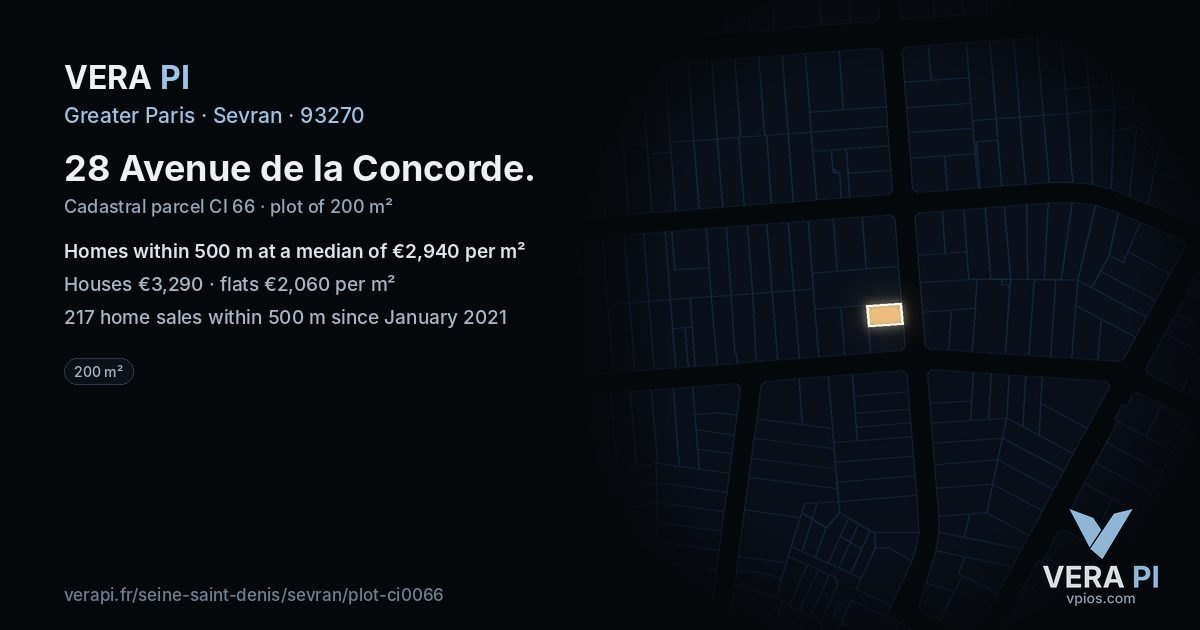 28 Avenue de la Concorde, Sevran at night – the plot lit, the parcels around coloured by the prices near them