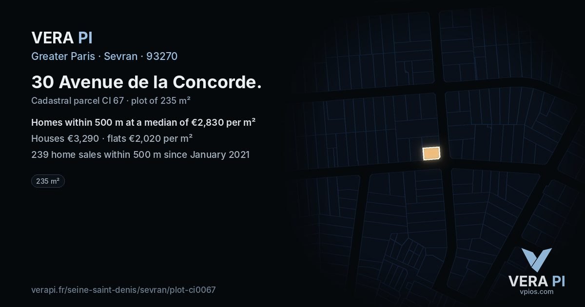 30 Avenue de la Concorde, Sevran at night – the plot lit, the parcels around coloured by the prices near them