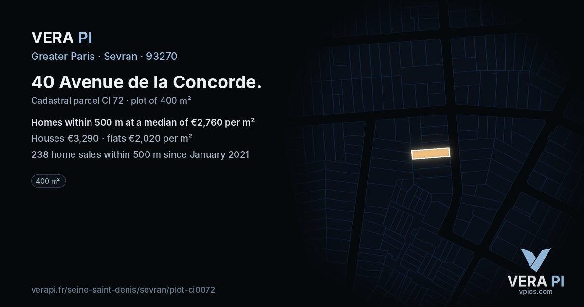 40 Avenue de la Concorde, Sevran at night – the plot lit, the parcels around coloured by the prices near them