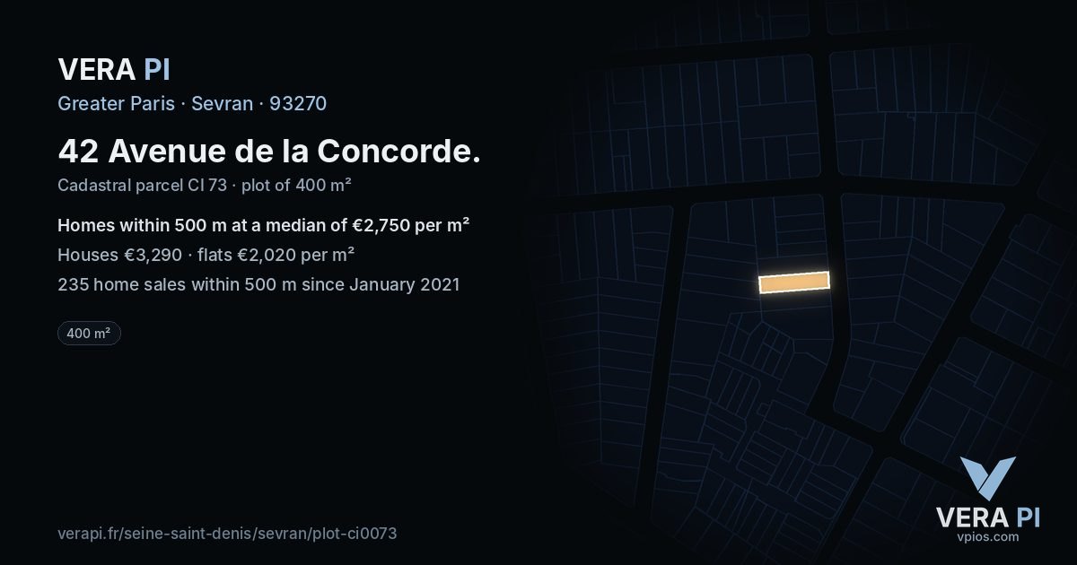 42 Avenue de la Concorde, Sevran at night – the plot lit, the parcels around coloured by the prices near them