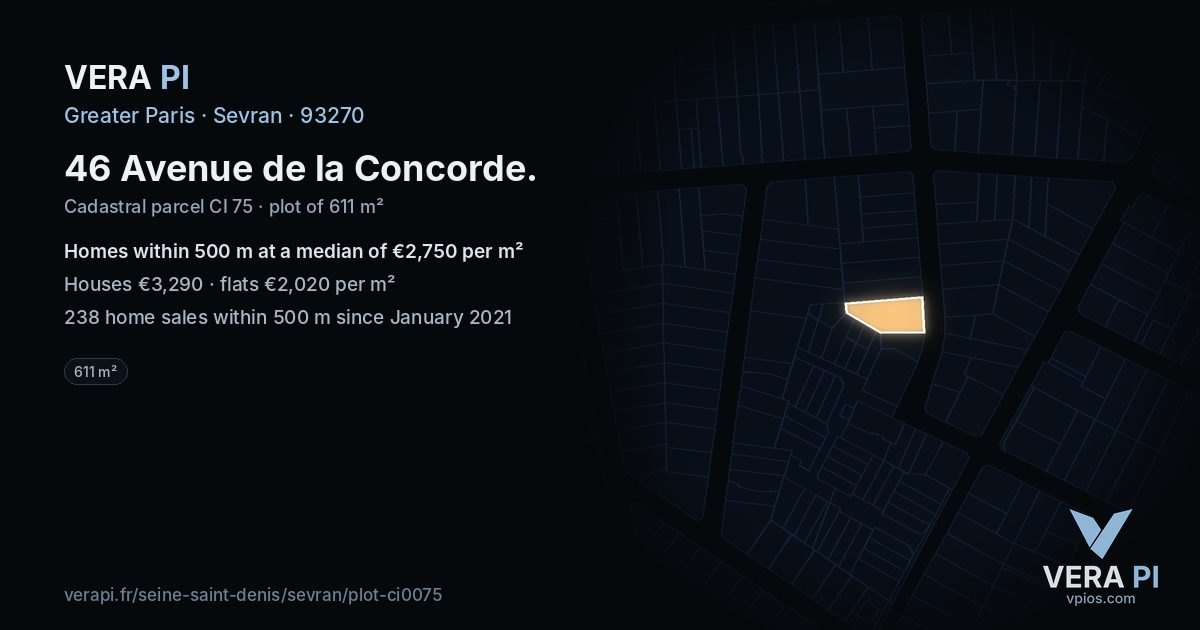 46 Avenue de la Concorde, Sevran at night – the plot lit, the parcels around coloured by the prices near them