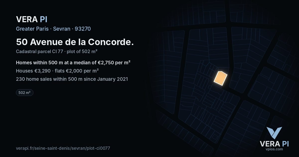 50 Avenue de la Concorde, Sevran at night – the plot lit, the parcels around coloured by the prices near them