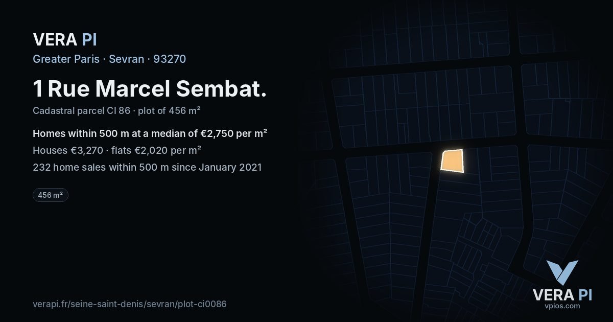 1 Rue Marcel Sembat, Sevran at night – the plot lit, the parcels around coloured by the prices near them