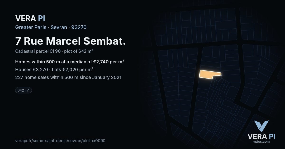 7 Rue Marcel Sembat, Sevran at night – the plot lit, the parcels around coloured by the prices near them
