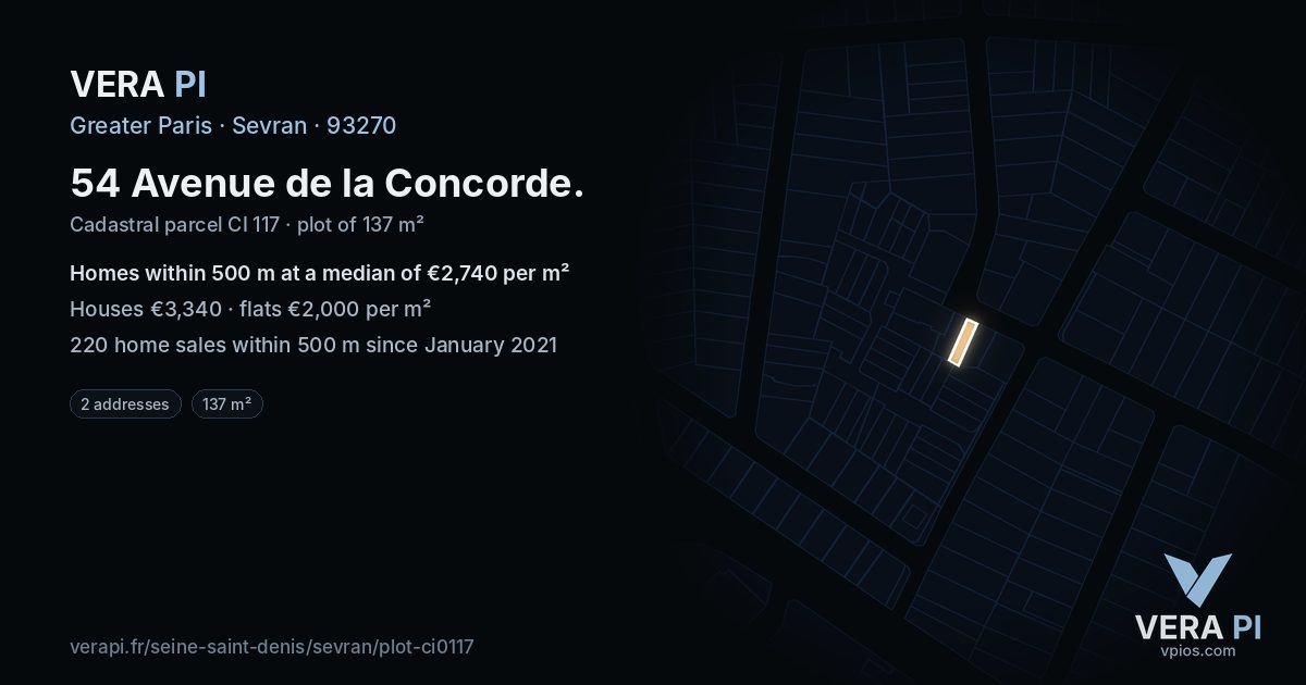 54 Avenue de la Concorde, Sevran at night – the plot lit, the parcels around coloured by the prices near them