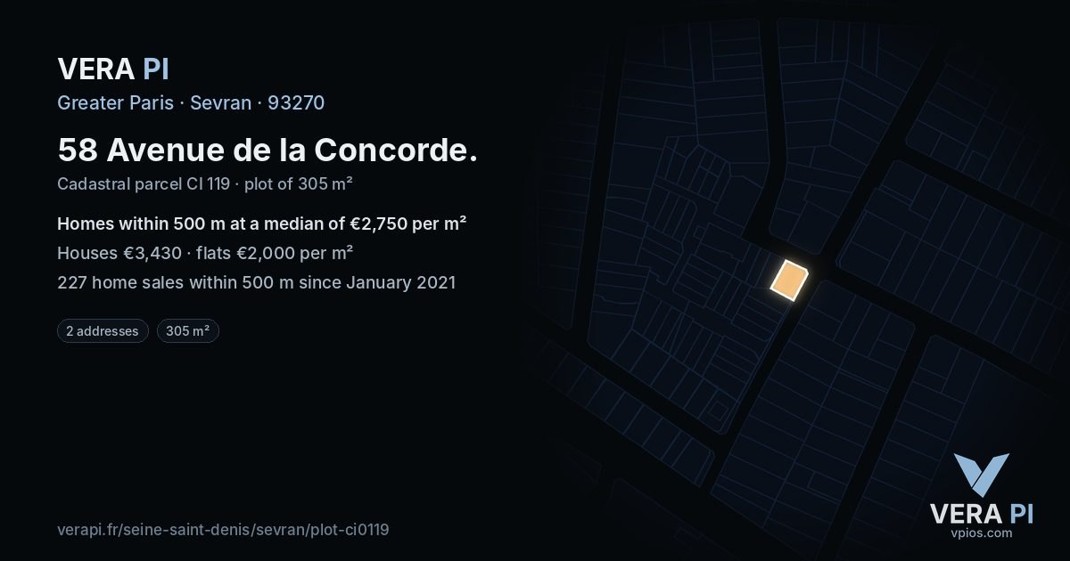 58 Avenue de la Concorde, Sevran at night – the plot lit, the parcels around coloured by the prices near them