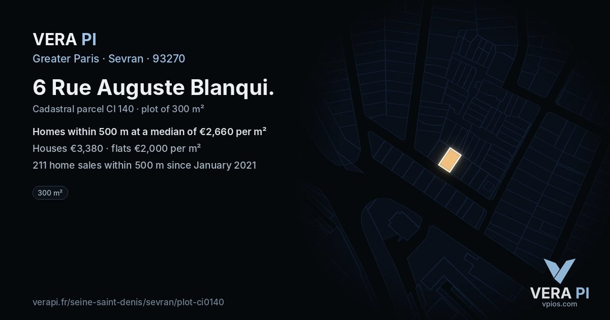 6 Rue Auguste Blanqui, Sevran at night – the plot lit, the parcels around coloured by the prices near them
