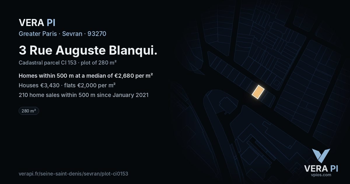 3 Rue Auguste Blanqui, Sevran at night – the plot lit, the parcels around coloured by the prices near them