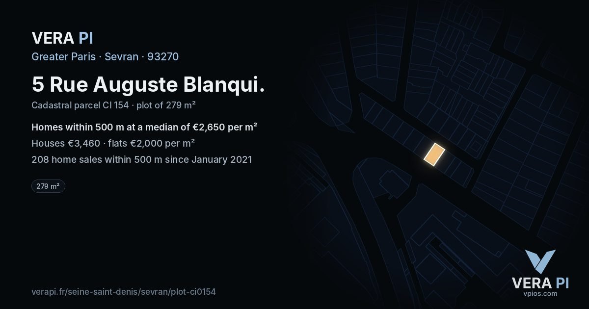 5 Rue Auguste Blanqui, Sevran at night – the plot lit, the parcels around coloured by the prices near them