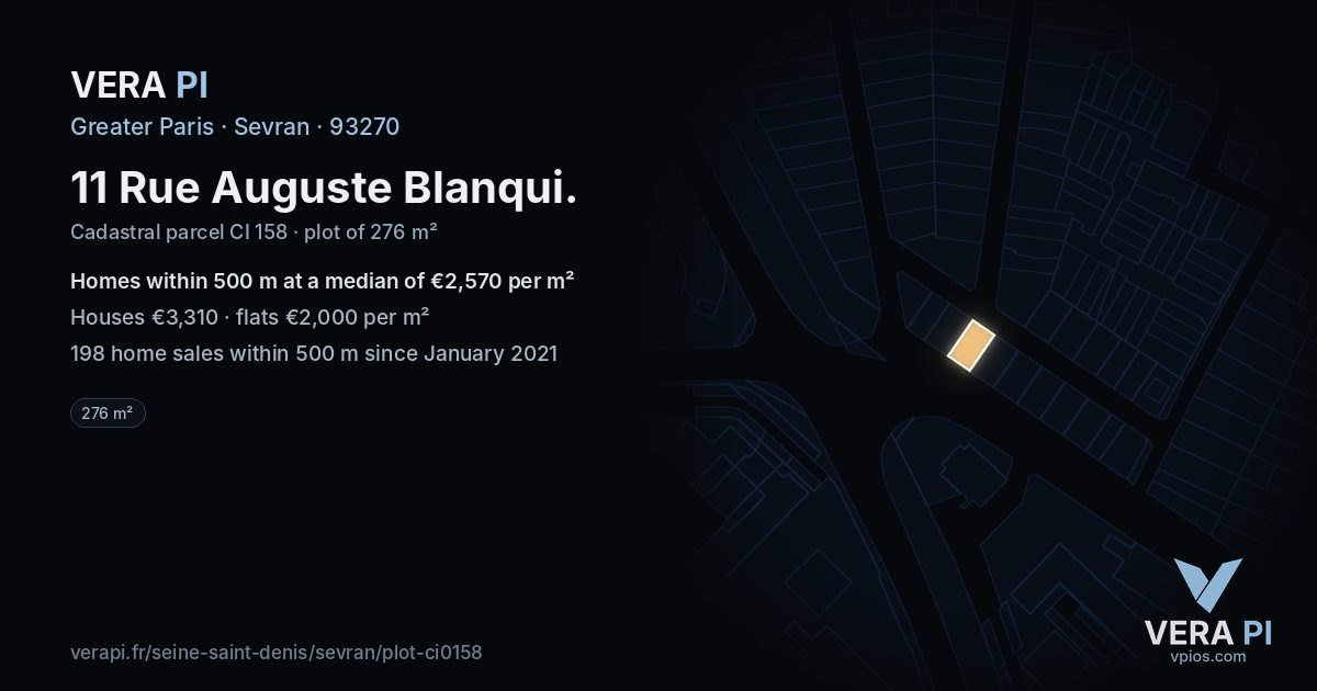 11 Rue Auguste Blanqui, Sevran at night – the plot lit, the parcels around coloured by the prices near them